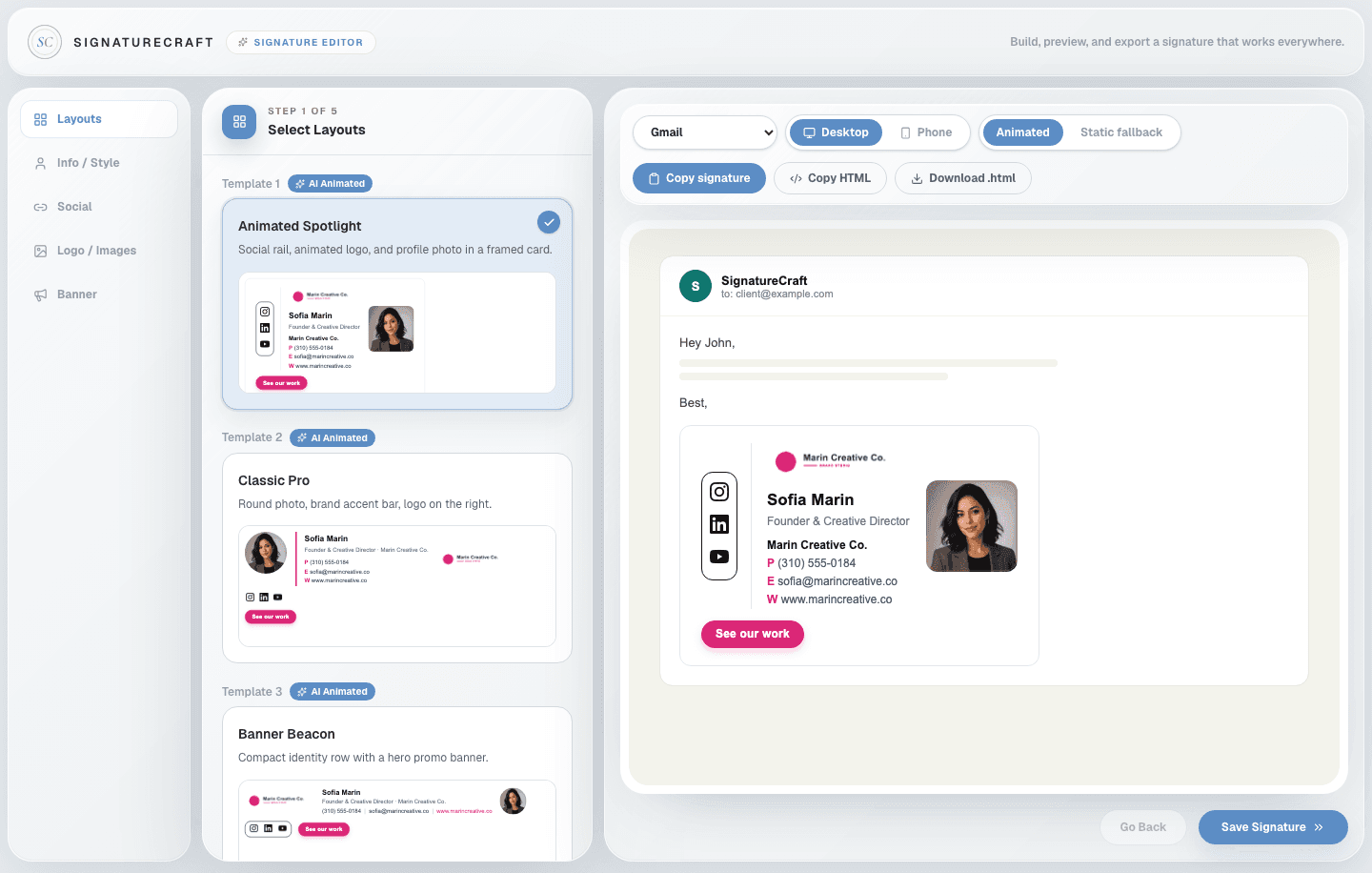 SignatureCraft editor previewing Sofia Marin's animated email signature